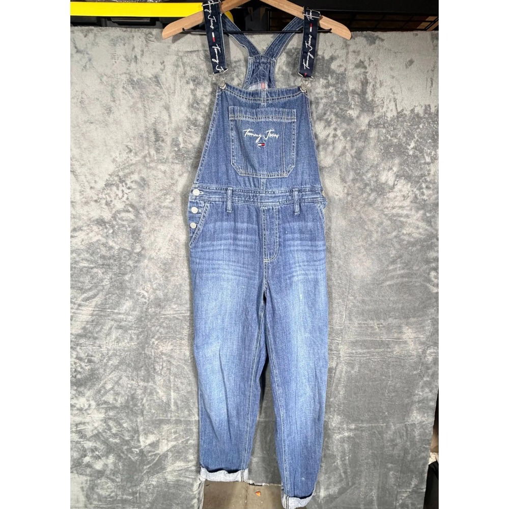 Tommy Jeans‎ Womens Bib Overalls Size 2 Blue Denim Jumper Logo Strap